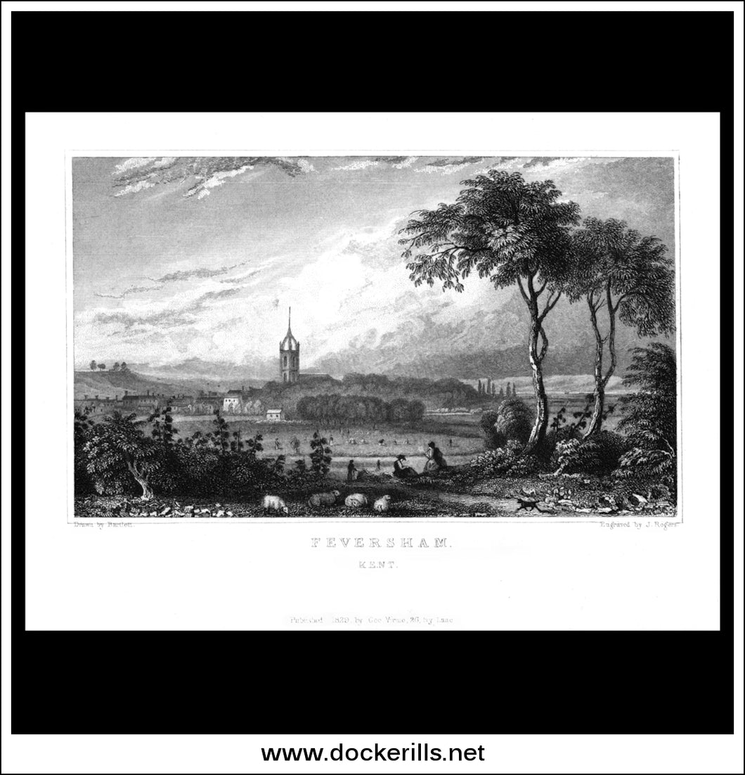 Feversham (Faversham), Kent, England. Antique Print, Steel Engraving 1829.