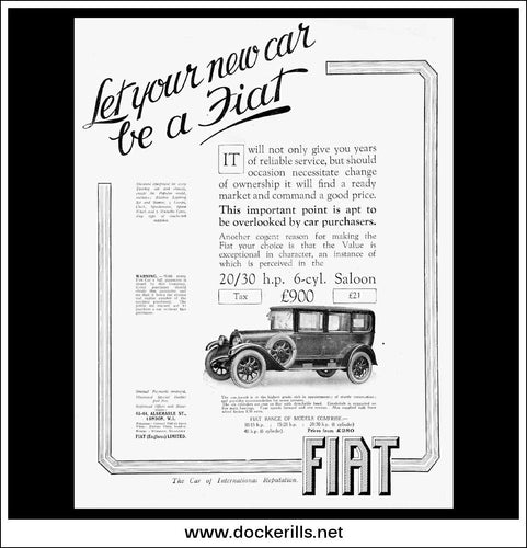 Fiat 20/30 H.P. 6-Cylinder Saloon. Original Vintage Advert From May 23rd 1925