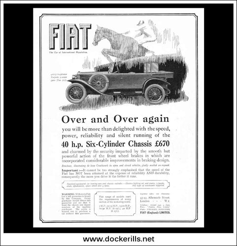 Fiat 40 H.P. 6-Cylinder Torpedo. Original Vintage Advert From April 17th 1926