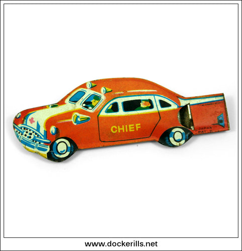 Vintage Tin Whistle, Fire Chief Car. Vintage Novelty Tin Plate Toy. Japan.
