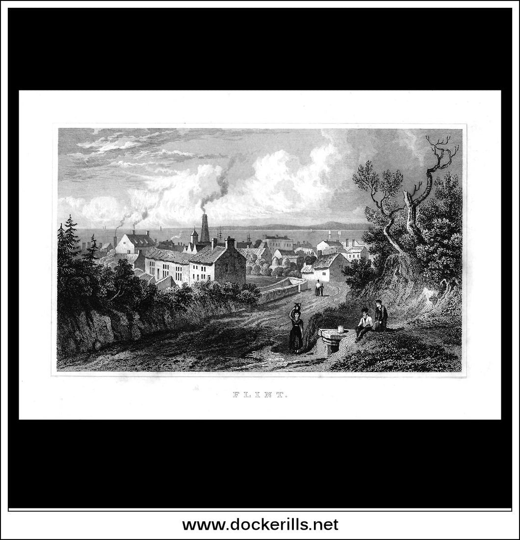 Antique Print Flint, Flintshire, Wales. Steel Engraving c. 1830.