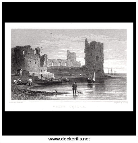 Flint Castle, Flintshire, Wales. Antique Print, Steel Engraving c. 1830.