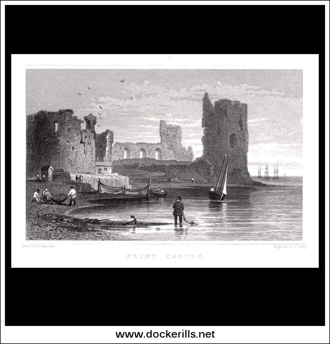Flint Castle, Flintshire, Wales. Antique Print, Steel Engraving c. 1830.