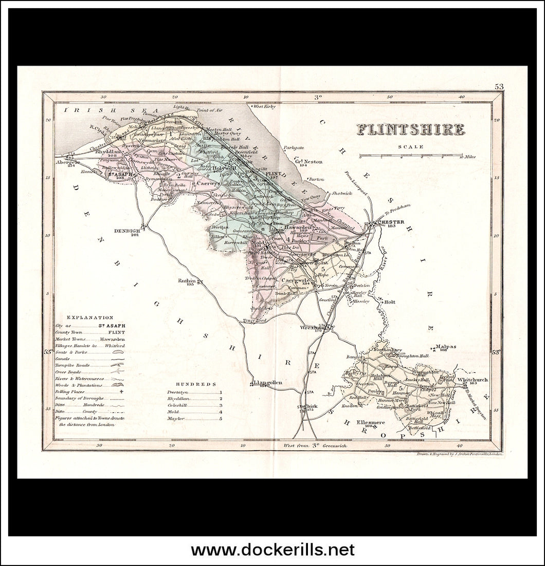 Map Of Flintshire, Wales. Antique Print, Steel Engraving c. 1846.