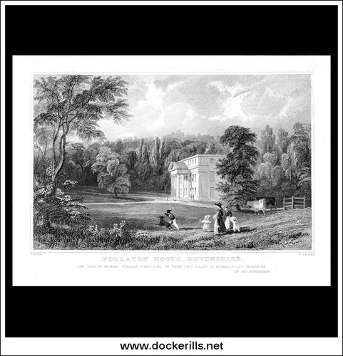 Follaton House,  Devonshire, England. Antique Print, Steel Engraving c. 1830.