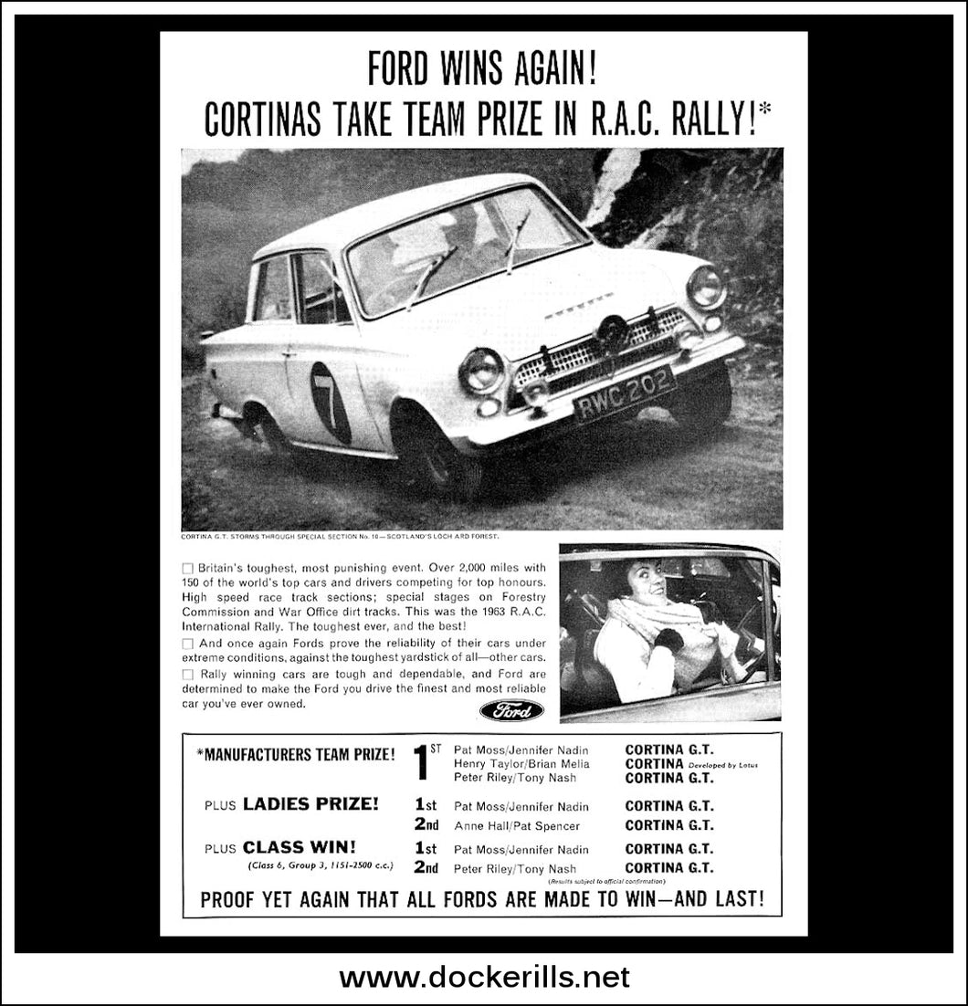 Ford Cortina. Original Vintage Advert From December, 1963. R.A.C. Rally Win.