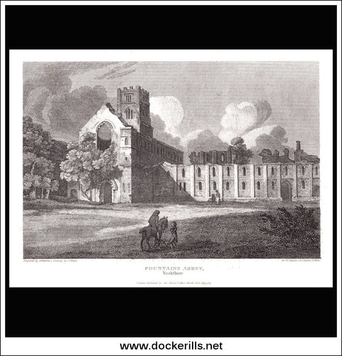 Fountains Abbey, Yorkshire, England. Antique Print, Copper Plate Engraving 1813.