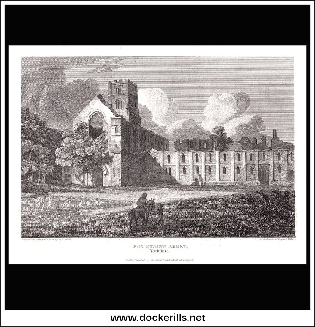 Fountains Abbey, Yorkshire, England. Antique Print, Copper Plate Engraving 1813.