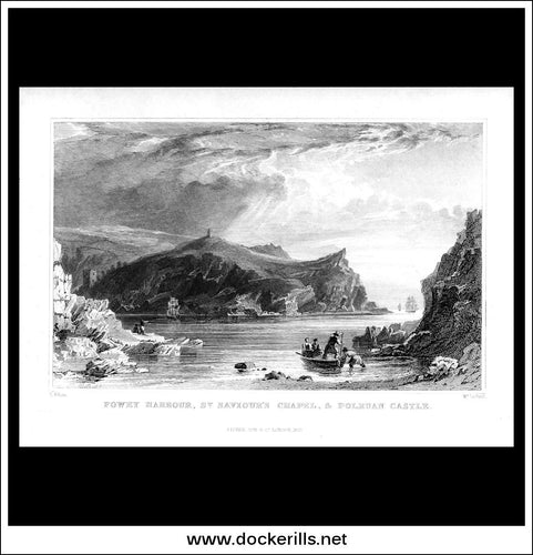 Antique Print Fowey Harbour, St. Saviours Chapel & Polruan Castle, Cornwall, England. Steel Engraving c. 1830.