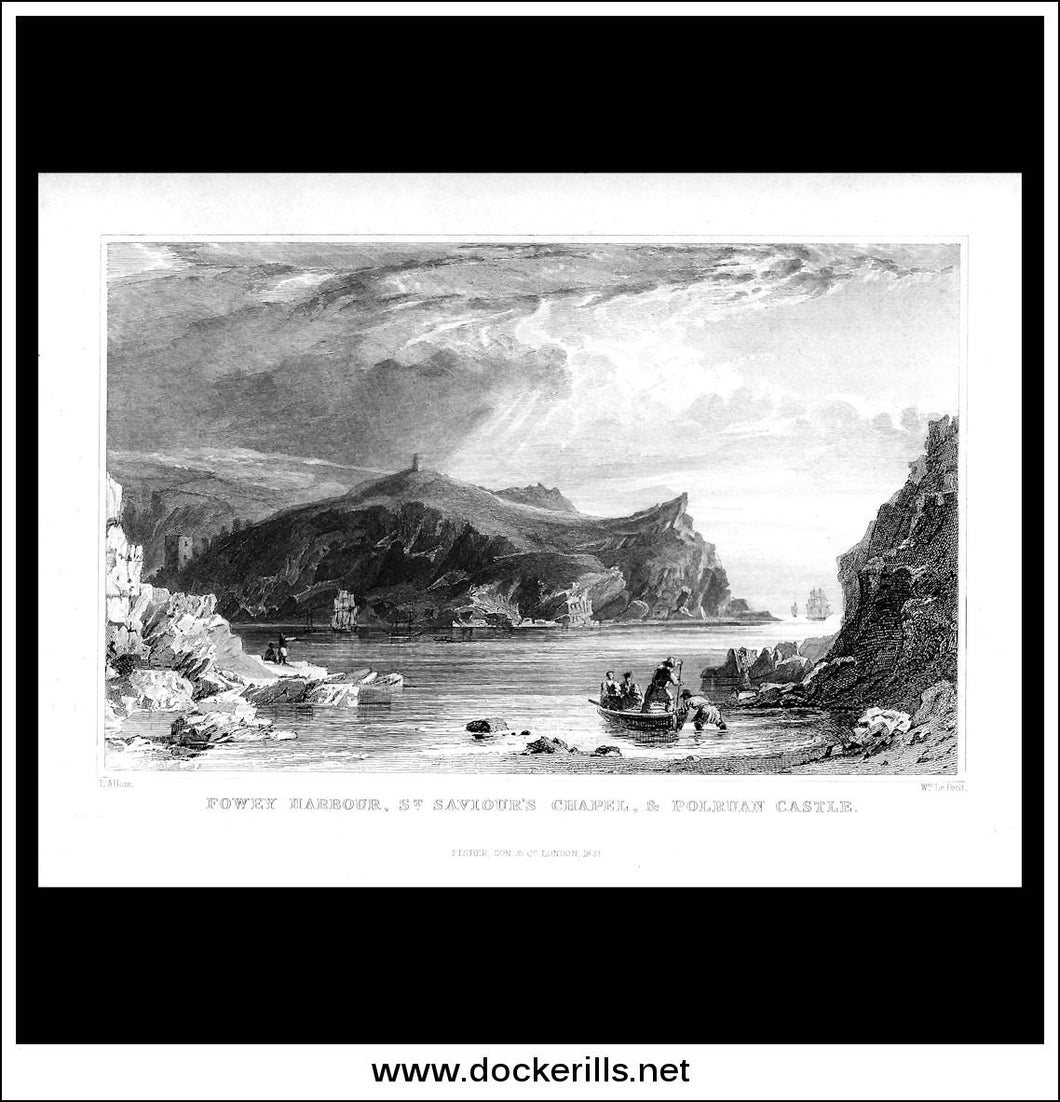 Antique Print Fowey Harbour, St. Saviours Chapel & Polruan Castle, Cornwall, England. Steel Engraving c. 1830.