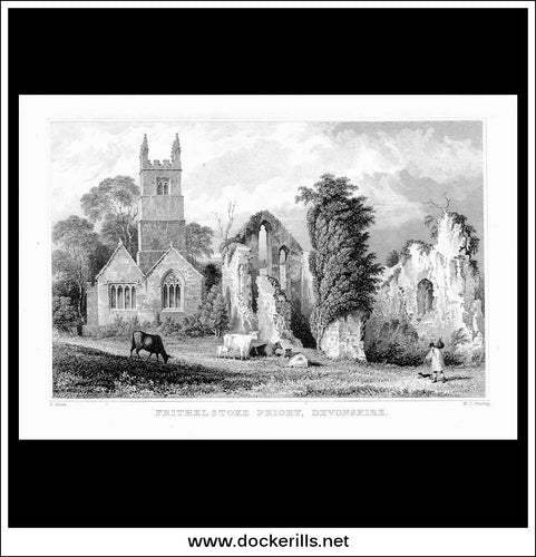 Frithelstoke Priory, Devonshire, England. Antique Print, Steel Engraving c. 1830.