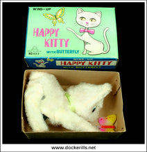 Happy Kitty With Butterfly. Clockwork / Wind-Up Plush Covered Novelty Toy, Fuji Press Kogyo, Japan. No. 693 1.