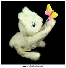 Happy Kitty With Butterfly. Clockwork / Wind-Up Plush Covered Novelty Toy, Fuji Press Kogyo, Japan. No. 693 2.