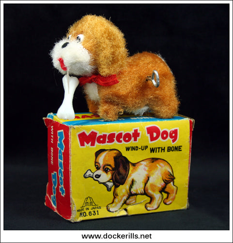 Mascot Dog With Bone No. 631, Fuji Press, Japan. Vintage Tin Plate Toy 1