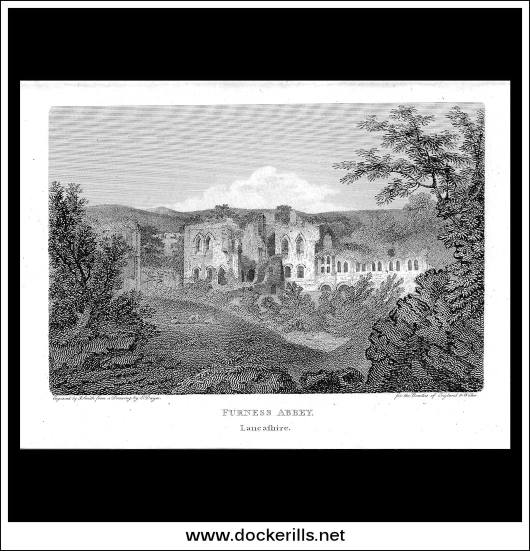 Furness Abbey, Lancashire, England. Antique Print, Copper Plate Engraving c. 1810.