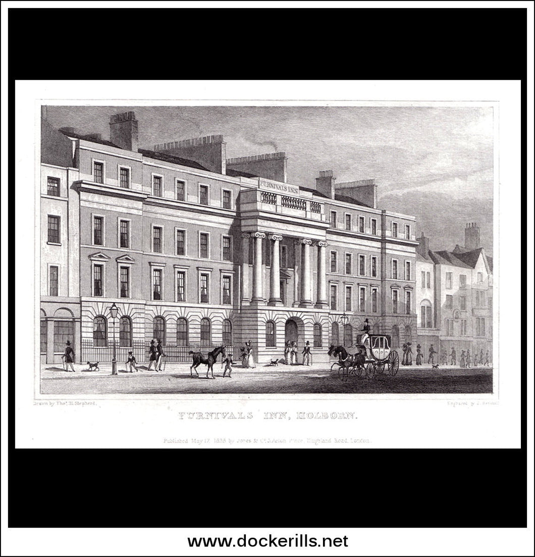 Furnivals Inn, Holborn, London, Middlesex. Antique Print, Steel Engraving 1828.
