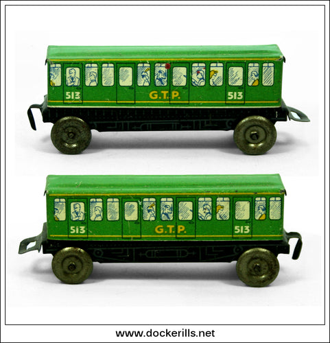 G.T.P. 513 Railway Carriage, Vintage Tin Toy, Glamtoy, Great Britain.