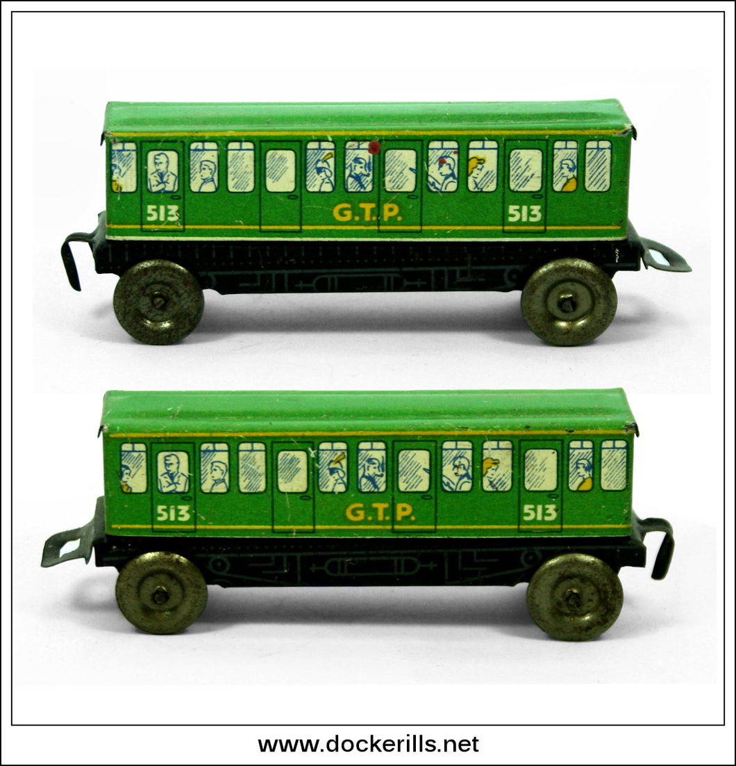 G.T.P. 513 Railway Carriage, Vintage Tin Toy, Glamtoy, Great Britain.