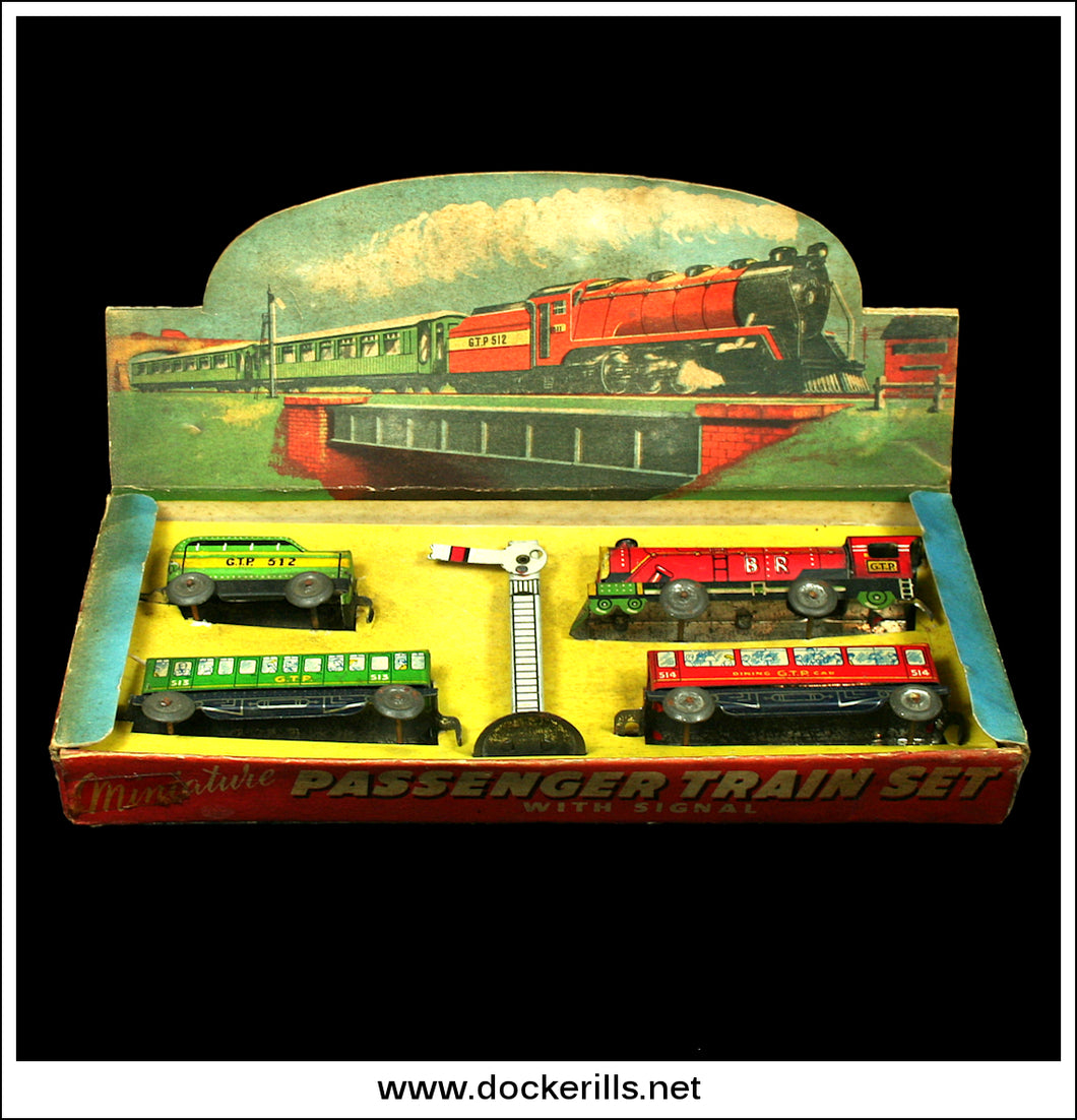 G.T.P. Passemger Train Set With Signal, Vintage Tin / Penny Toy, Glamtoy, Great Britain.