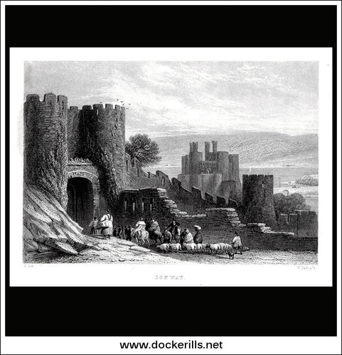 Conway Castle, Caernarvonshire, Wales. Antique Print, Steel Engraving c. 1830.