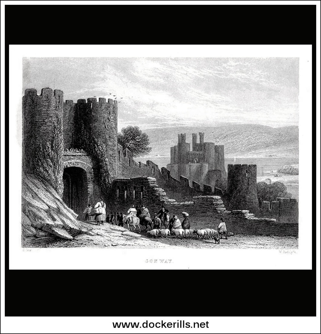 Conway Castle, Caernarvonshire, Wales. Antique Print, Steel Engraving c. 1830.