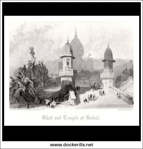Ghat & Temple At Gokal, India. Antique Print, Steel Engraving 1840.