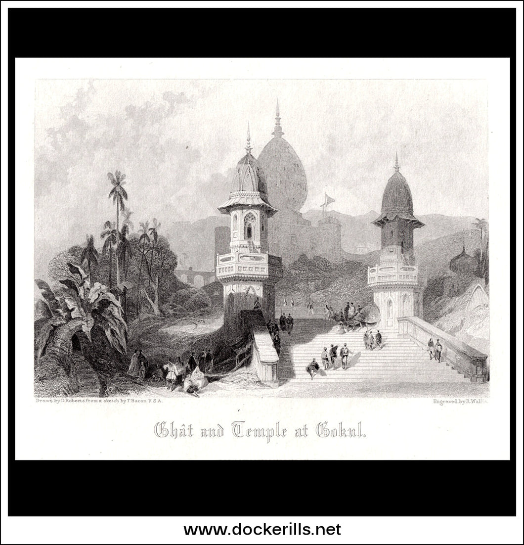 Ghat & Temple At Gokal, India. Antique Print, Steel Engraving 1840.