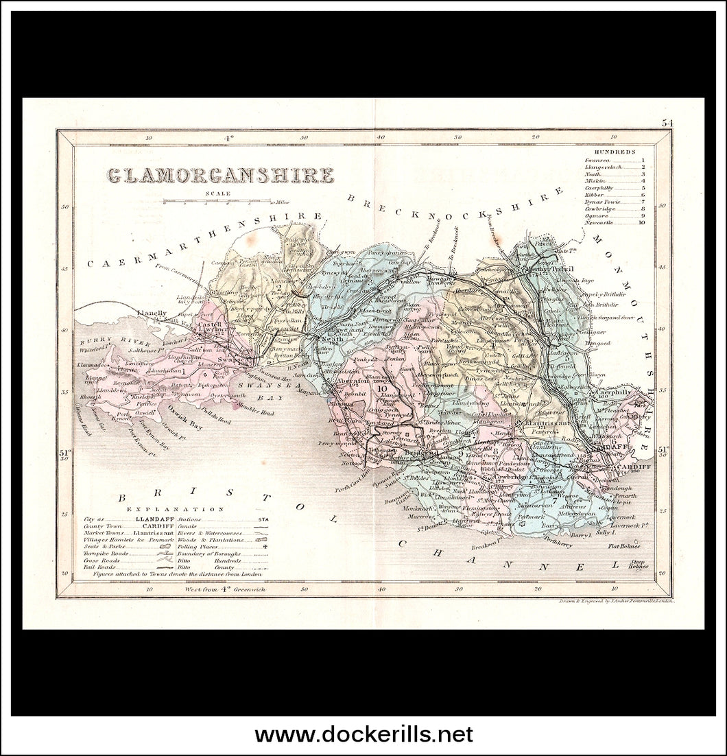 Map Of Glamorganshire, Wales. Antique Print, Steel Engraving c. 1846.