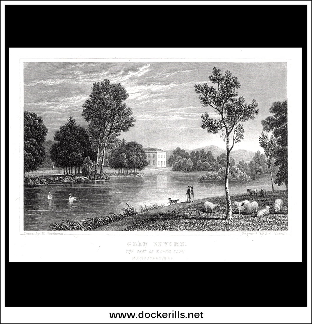 Glan Severn, Mongomeryshire, Wales. Antique Print, Steel Engraving c. 1830.