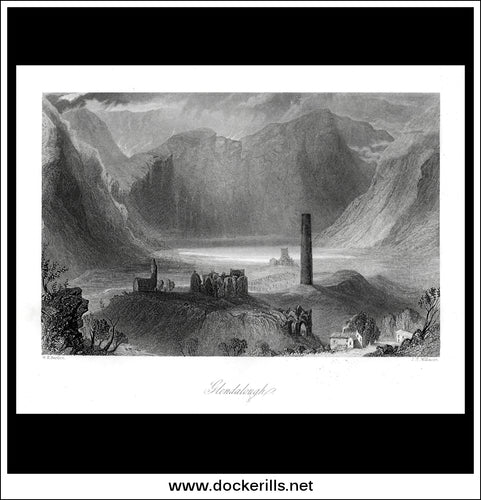 Glendalough, Co. Wicklow, Ireland. Antique Print, Steel Engraving c. 1840.
