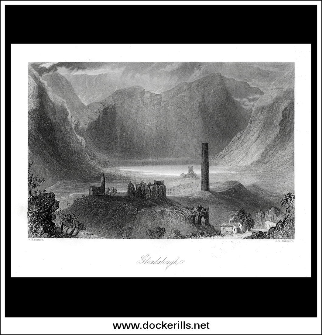 Glendalough, Co. Wicklow, Ireland. Antique Print, Steel Engraving c. 1840.