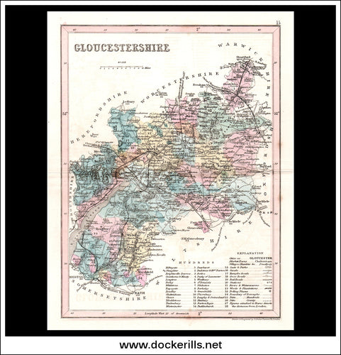 Map Of Gloucestershire, England. Antique Print, Steel Engraving c. 1846.