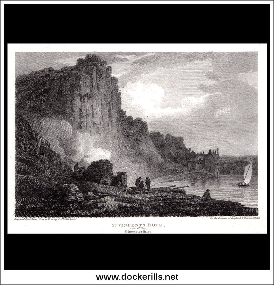 St. Vincents Rock Near Clifton, Gloucestershire, England. Antique Print, Copper Plate Engraving 1800.