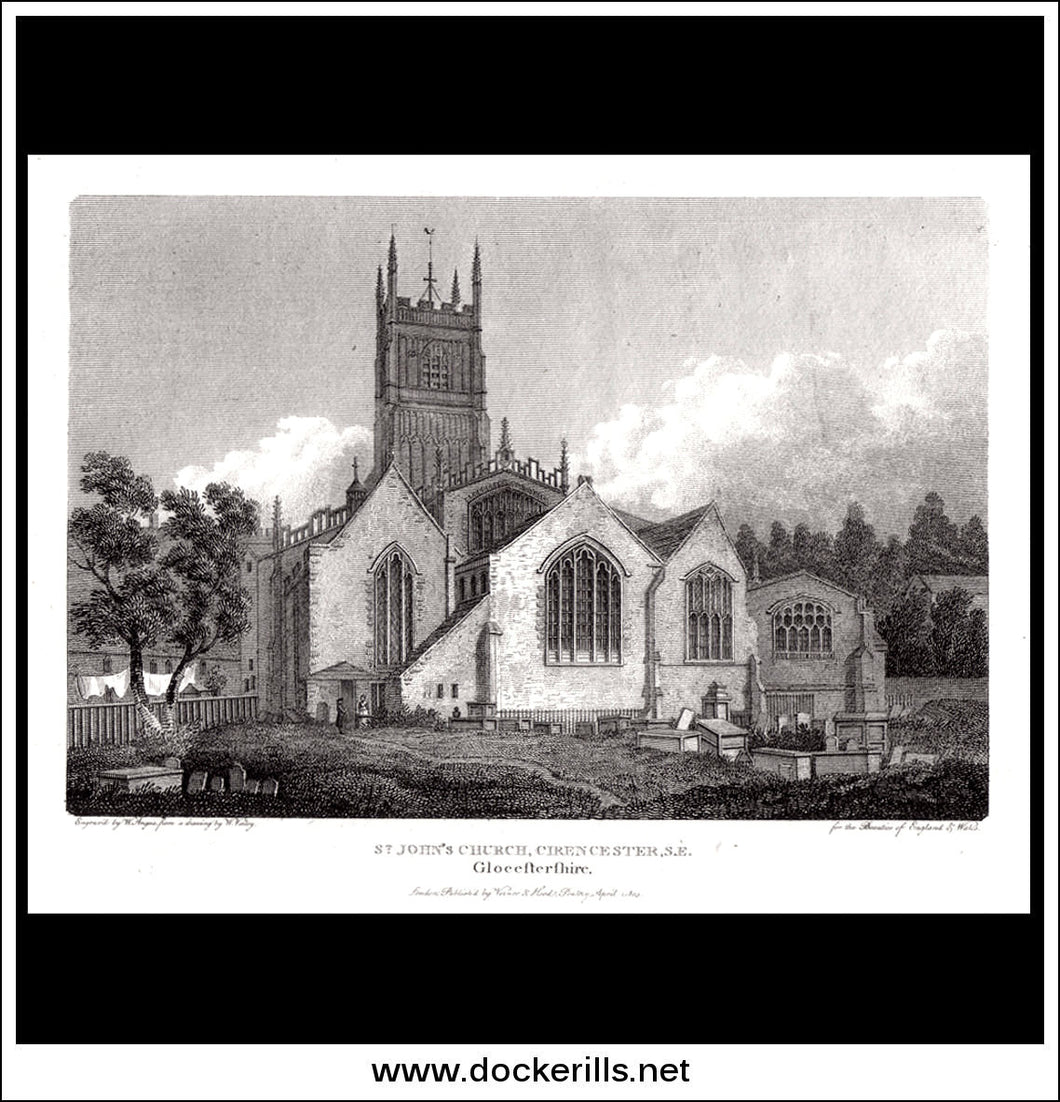St. John's Church, Cirencester, Gloucestershire, England. Antique Print, Copper Plate Engraving 1805.