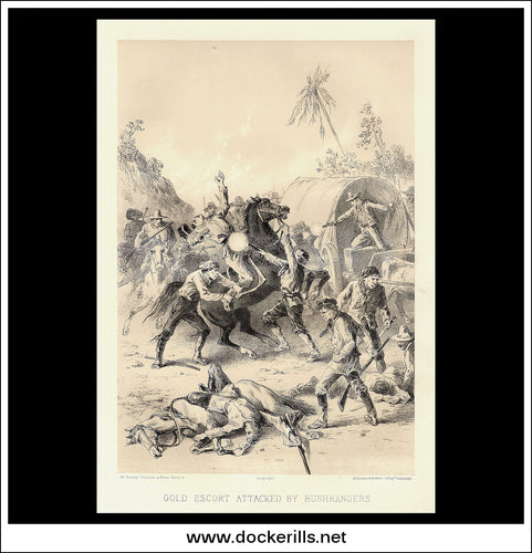 Gold Escort Attacked By Bushrangers. Antique Print, Lithograph 1879. Australia.