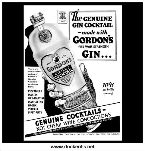 Gordon's Gimlet Gin Cocktail. Original Vintage Advert From June 26th, 1935. Monochrome