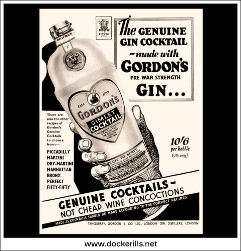 Gordon's Gimlet Gin Cocktail. Original Vintage Advert From May 29th, 1935. Sepia