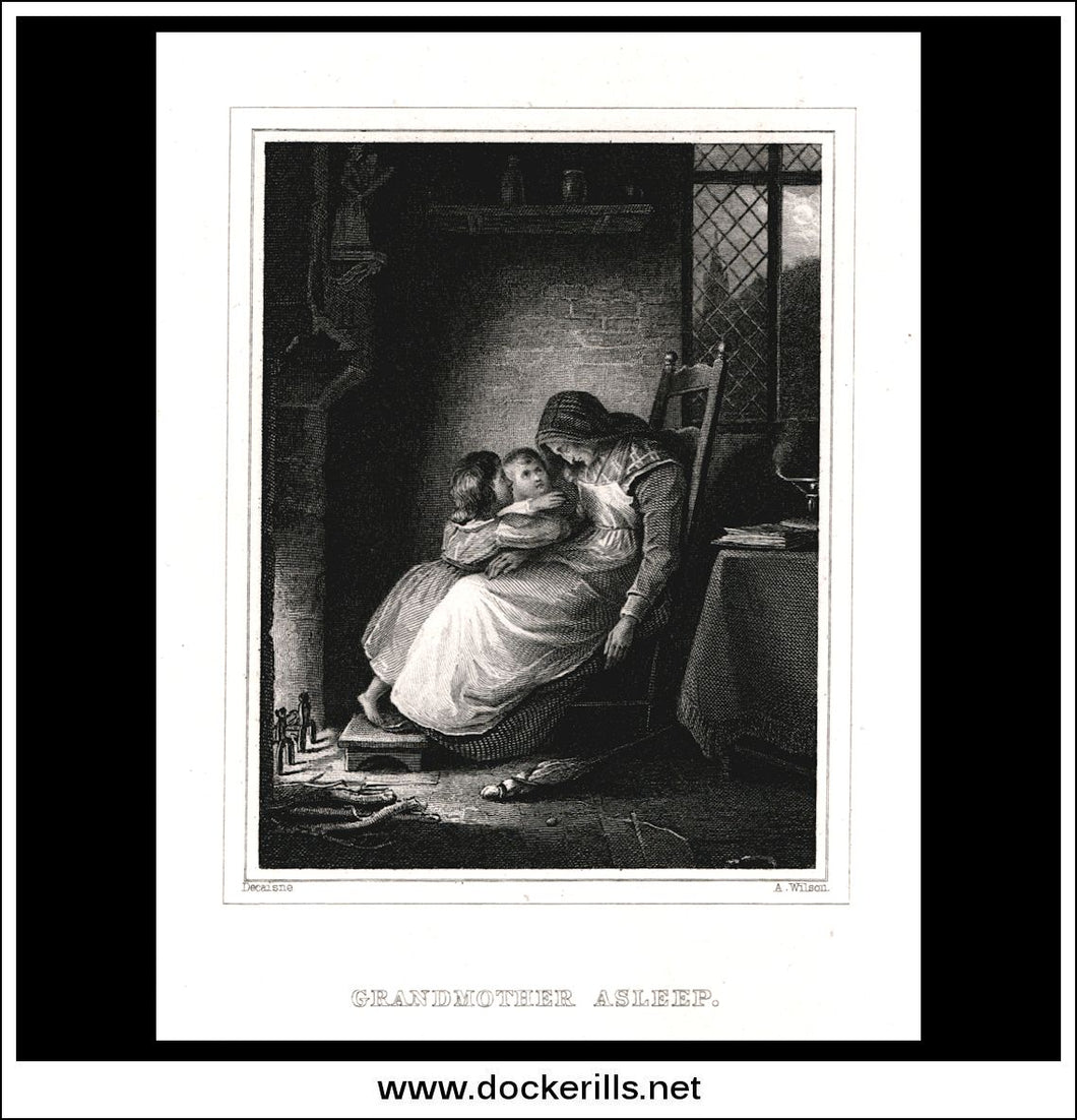 Grandmother Asleep, Decaisne, Antique Print, Steel Engraving c. 1870.