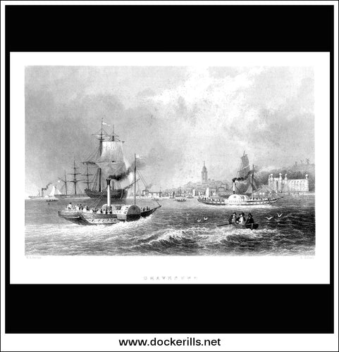 Gravesend, Kent, England. Antique Print, Steel Engraving 1842.