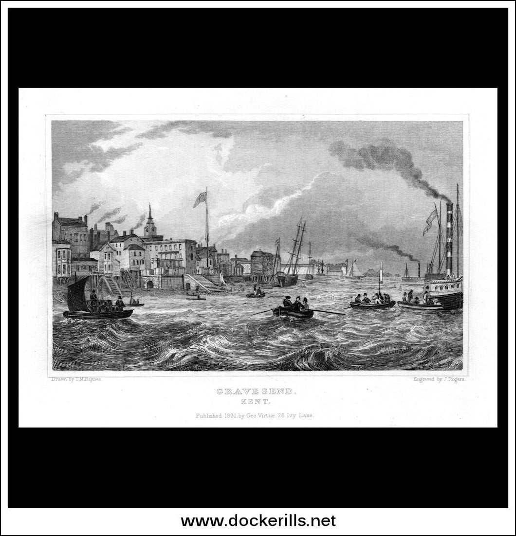 Gravesend, Kent, England. Antique Print, Steel Engraving 1831.