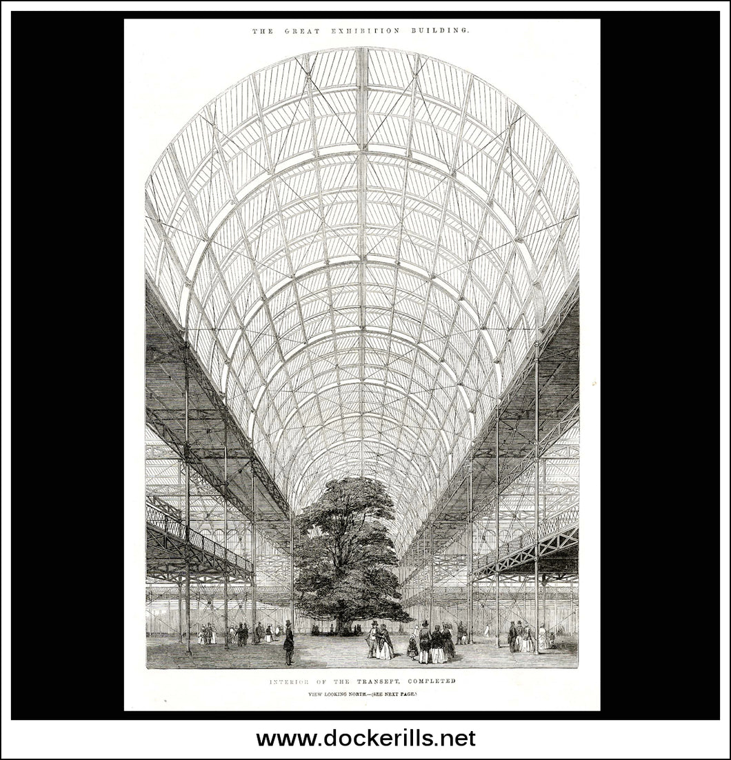 Great Exhibition Building - Interior Of The Transept, Completed. Antique Print, Wood Engraving, The Illustrated London News Front Page, January 25th, 1851.