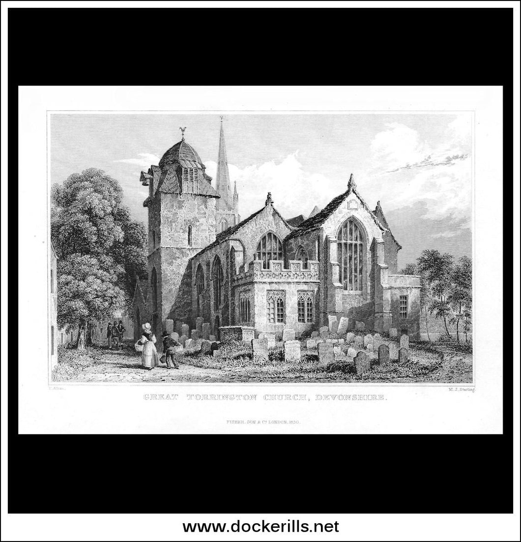Great Torrington Church, Devonshire, England. Antique Print, Steel Engraving 1830.