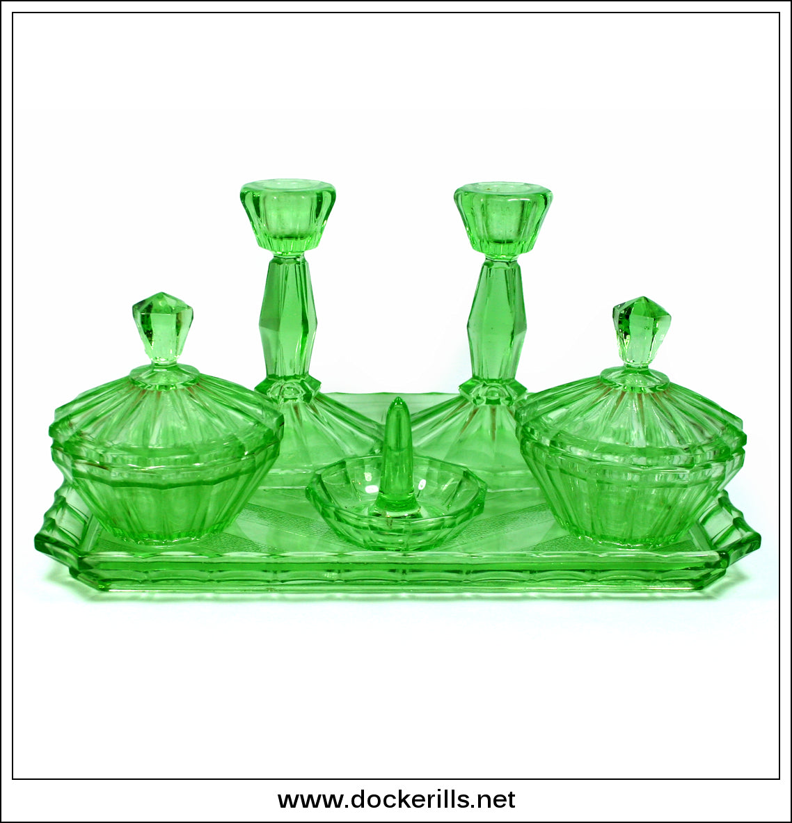 Vintage 1930's Green Glass Art Deco Dressing Table Set. Dockerills