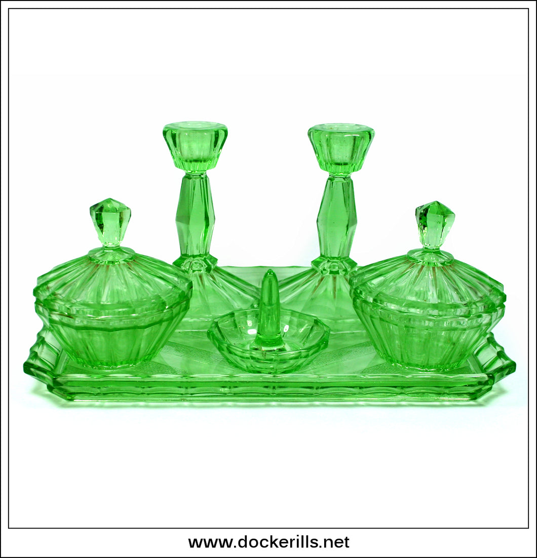 Vintage 1930's Green Glass Art Deco Dressing Table Set. Dockerills Vintage 1930's Green Glass Art Deco Dressing Table Set. Dockerills