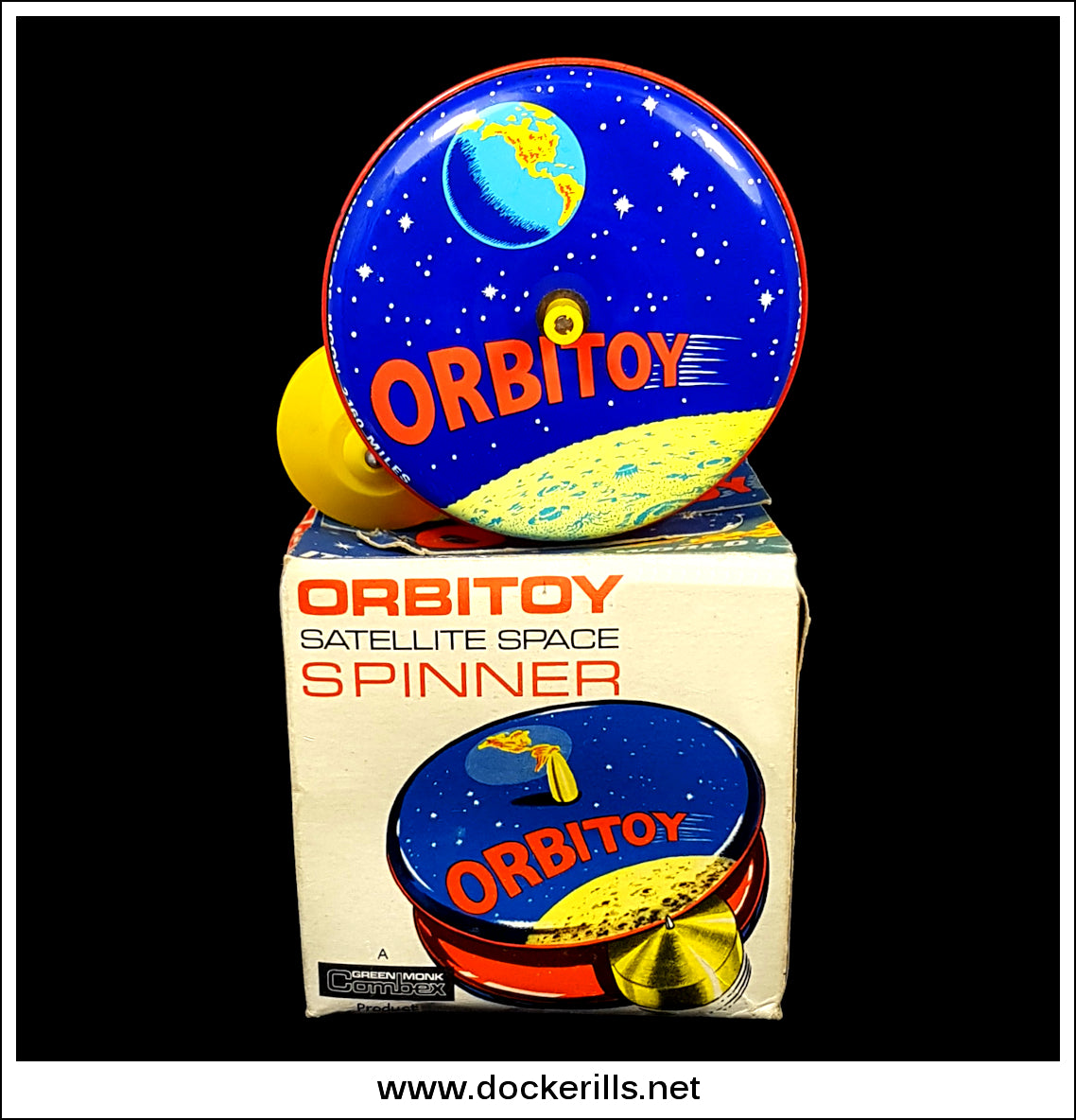 Vintage Tin Plate Orbitoy Satellite Space Spinner Toy Green Monk