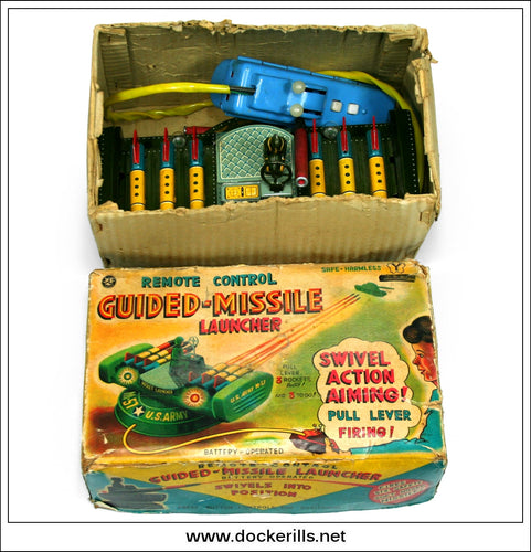 Guided-Missile Launcher. Vintage Tin Plate Clockwork Novelty Toy, Yonezawa / E.T. Tomy Co., Japan - Toy & Box.