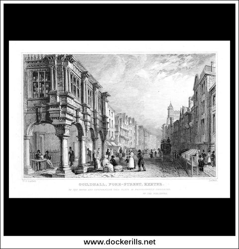 Guild Hall, Fore Street, Exeter, Devonshire, England. Antique Print, Steel Engraving c. 1830.