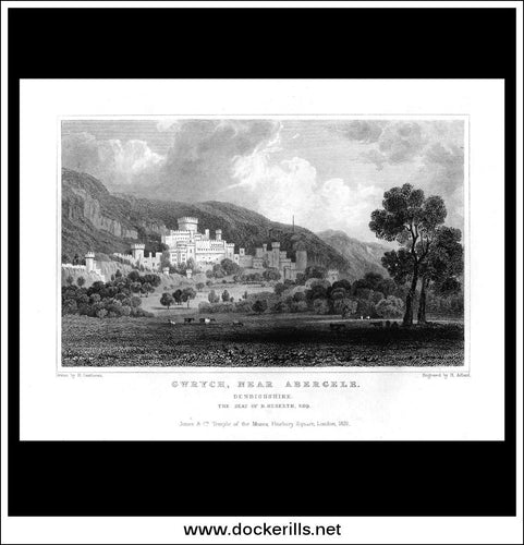 Antique Print Gwrych Near Abergele, Denbighshire, Wales. Steel Engraving c. 1830.