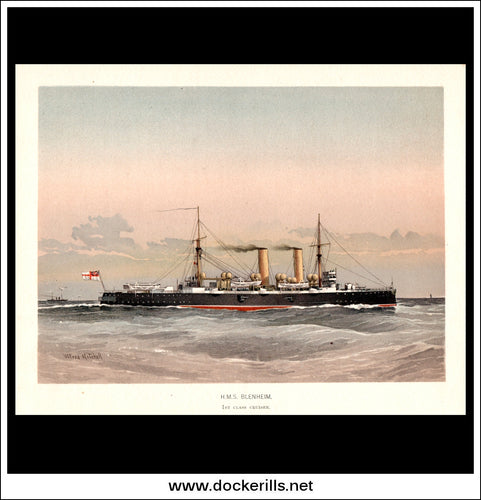 H.M.S Blenheim, 1st Class Cruiser, Her Majesty's Navy. Antique Print c. 1890.