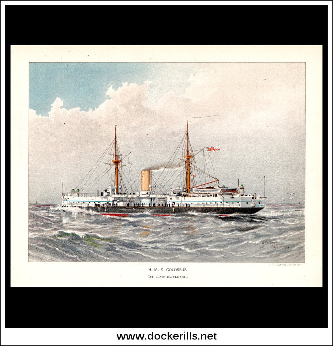 H.M.S. Colussus, 1st Class Battleship, Her Majesty's Navy. Antique Print c. 1890.